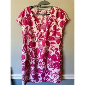 NWOT Boden 100% Linen Dress Colorful Pink Floral Fit- Flare Pockets US 10R